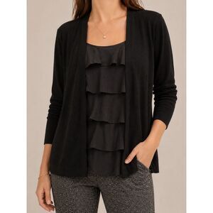 August Silk Black Cardigan Ruffle Silk Blend Top L Open Front Layered Blouse